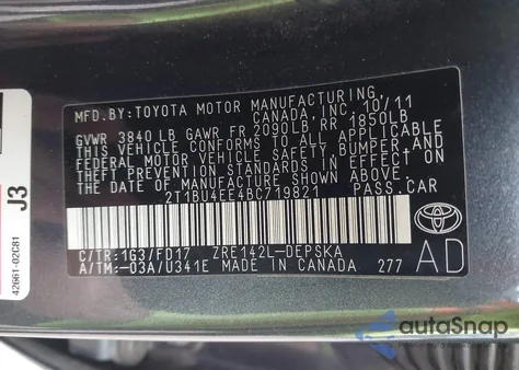 2011 Toyota Corolla S из США, поврежденный, VIN 2T1BU4EE4BC719821